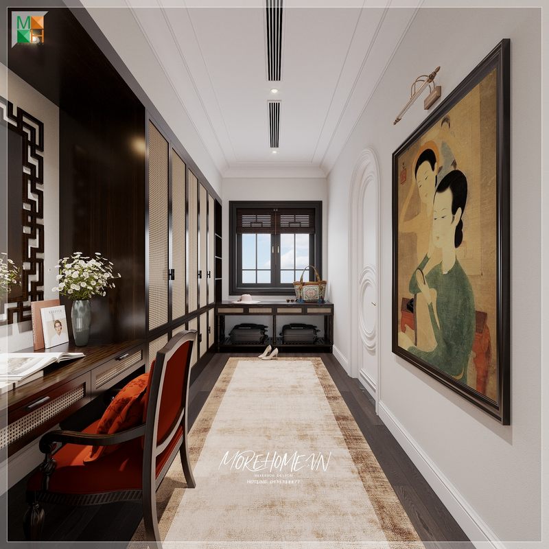 Phòng làm việc được thiết kế theo phong cách Indochine với nội thất gỗ tự nhiên màu trầm sang trọng.