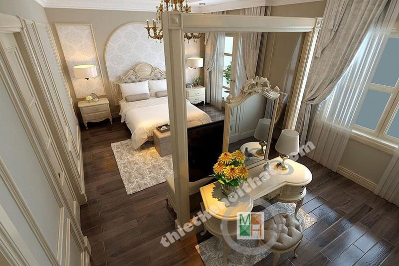 Tạo ra một không gian ấn tượng bằng cách kết hợp nội thất tân cổ điển với đường nét tinh tế trong phòng ngủ, tạo nên một thế giới lạc bức như trong hoàng cung.