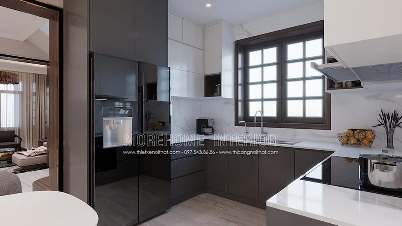 Tủ bếp bằng gỗ công nghiệp được thiết kế đơn giản với tông màu mâu trắng nhẹ nhàng.